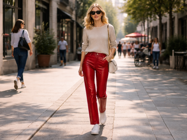 Calça de couro vermelho pode ser usada durante o dia sem chamar atenção excessiva?