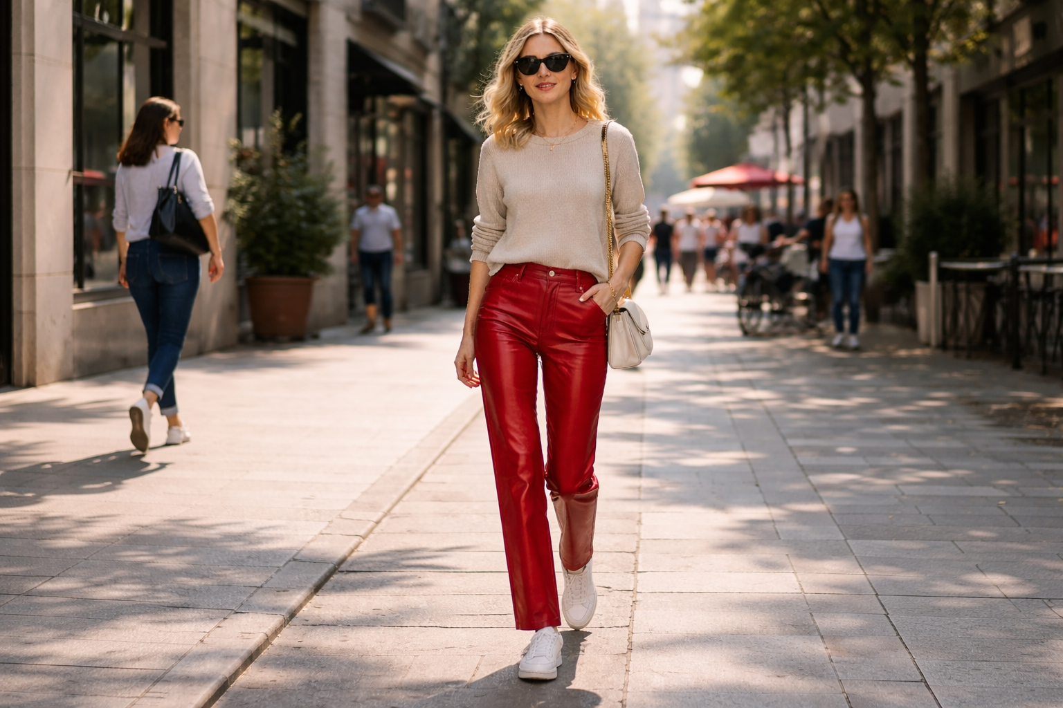 Calça de couro vermelho pode ser usada durante o dia sem chamar atenção excessiva?